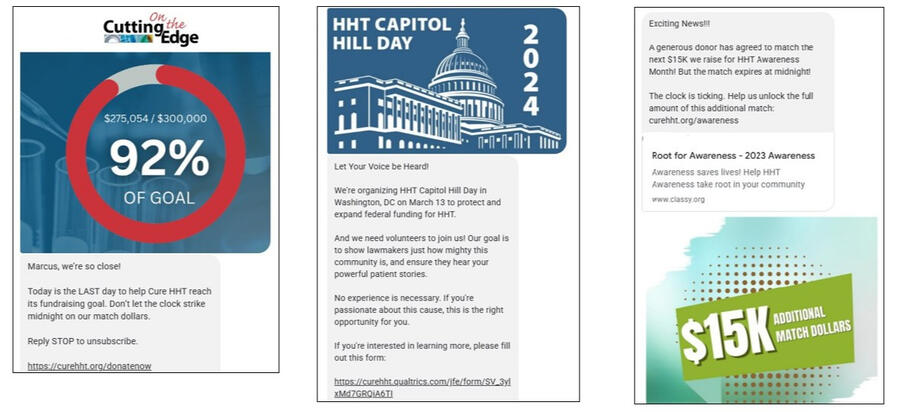 3 examples of MMS text messages. 2 are about fundraising efforts and 1 is about a legislative day in Washington D.C.