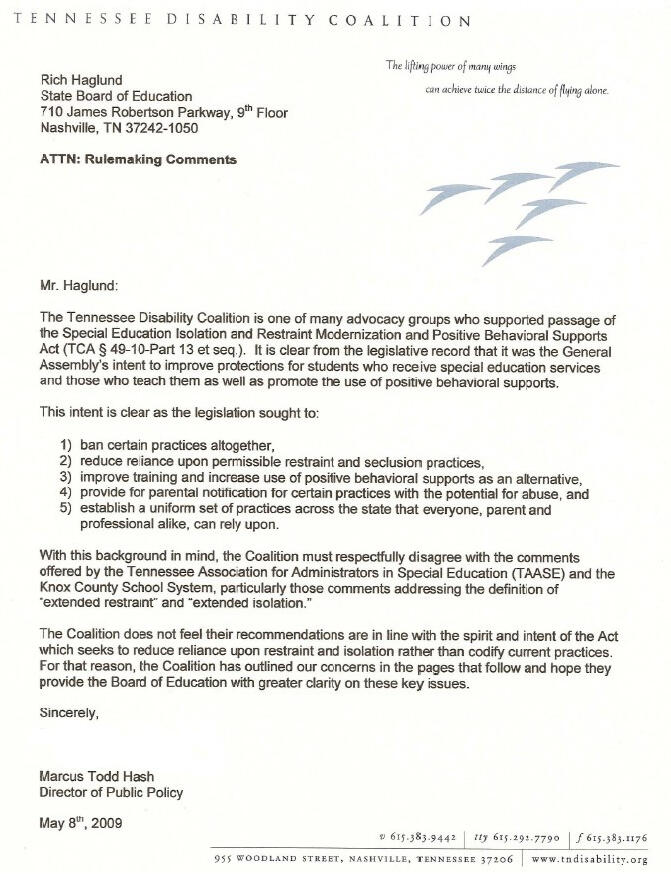 Restraint & Seclusion Regulatory Comments Cover Letter